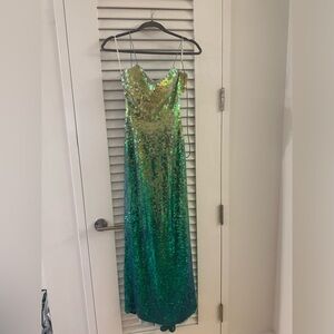 Cache Sequin Dress Size 2 Ombré Iridescent blue to green with mermaid tail